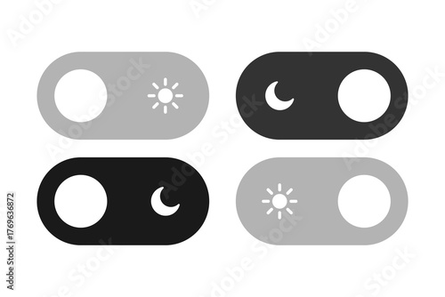 Day and night mode switch. Outline vector illustration of toggle button for light and dark theme. Minimal line design symbolizing sun, moon, day, night, contrast, and interface mode change.