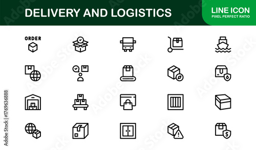 Delivery and Logistics Icon Set in Vector Style Featuring Shipping, Transport, Package, and Supply Chain Symbols