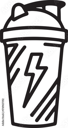 Hand Drawn Shaker Bottle Icon with Lightning Bolt - Fitness Outline