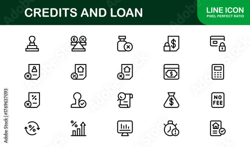 "Credits Loan Banking Finance Modern Line Icon Set – Professional Minimal Outline Vector Icons for Financial Services and Lending Solutions