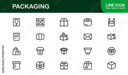 Professional packaging line icon set with minimal, editable vector designs — perfect for creating standout visuals in modern branding and design projects