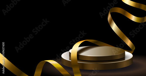 Elegant golden podium with a flowing ribbon on a rich black background. Perfect for product showcases, celebrations, or award presentations.