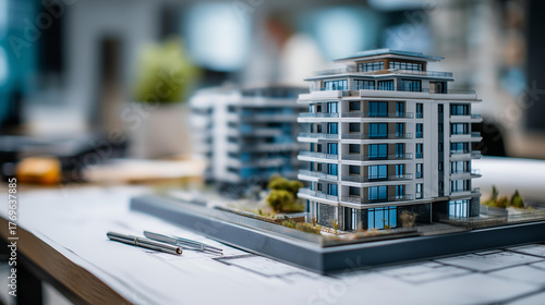 Construction concept showing residential building technical drawings with detailed architectural scale model white construction model blueprints project visualization home