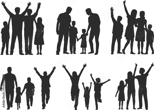 Family group silhouettes, children and adults together, joyful interaction, walking, running, bonding moments, parenting, community unity, flat vector illustration
