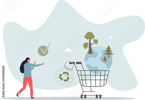 Eco friendly consumer with sustainable shopping habits .Environmental care with reusable and green product choices.life and employment of people.