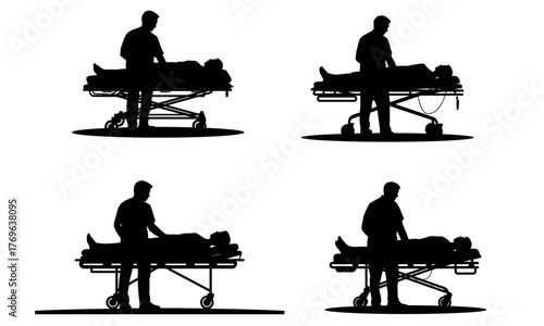 Silhouette of paramedic with stretcher helping patient in medical emergency
