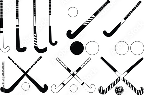 Field hockey sticks and balls, sports equipment icons, black and white design elements, isolated clipart for branding and decor, flat vector illustration