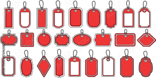 Collection of Red Price Tags with Various Shapes and Designs for Retail and Promotion