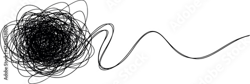 Abstract illustration of a chaotic scribbled line transitioning into a smooth, flowing curve on a white background