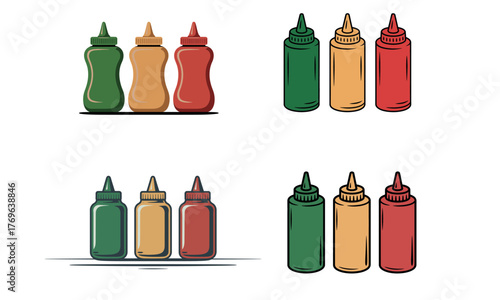 Colorful sauce bottles set of ketchup mustard and mayonnaise containers isolated on white background
