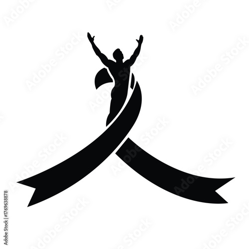 A black awareness ribbon icon with a silhouette of a triumphant man raising his arms, symbolizing strength and victory