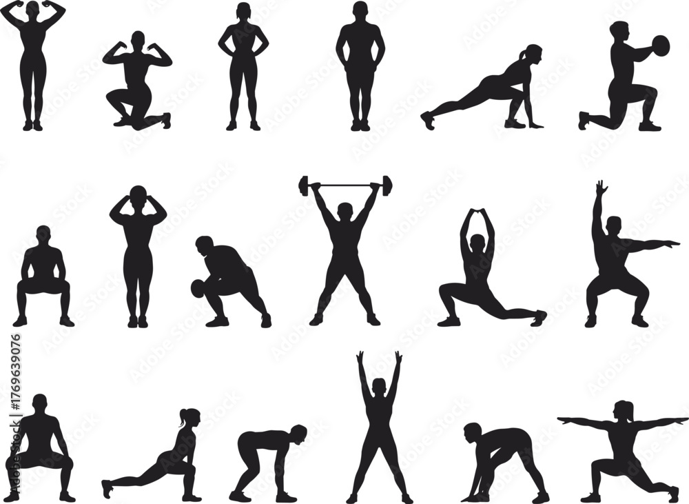 Naklejka premium Fitness exercise silhouettes, workout poses, gym movements, stretching, weightlifting, yoga actions, black icons, flat vector illustration, healthy lifestyle design