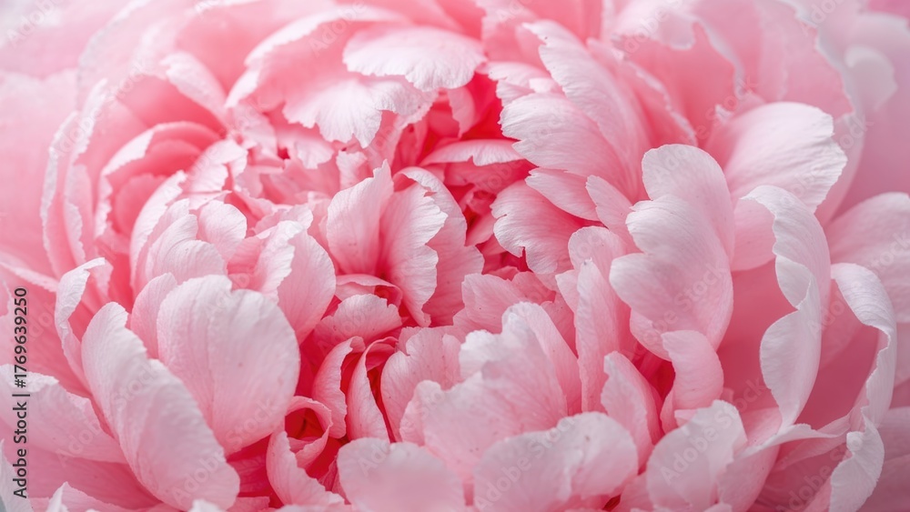 Naklejka premium Soft focus wide banner, blurred rose color flower peony petals, close-up macro nature background. Beautiful bloom backdrop. Pink white flowers top view, flowery wallpaper, pastel color floral pattern