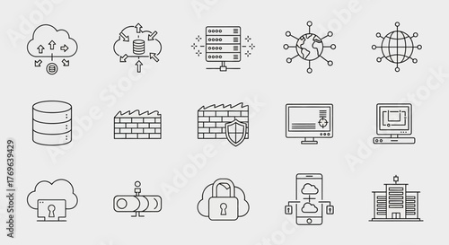 A collection of network and security icons depicting cloud services, servers, and firewalls