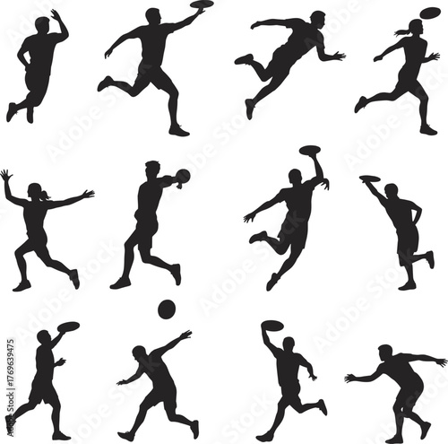 Frisbee action silhouettes, dynamic human poses, disc throwing and catching icons for sports design, fitness, education, and branding, flat vector illustration