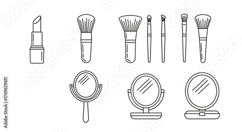 Line art illustration of makeup items like brushes, lipstick, and mirrors arranged on a white background