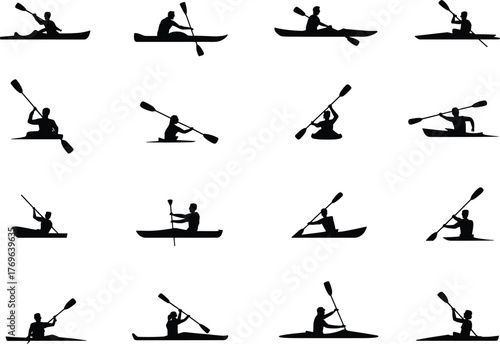 Kayaking silhouette collection, paddle sport poses, water activity icons, kayak motion set, outdoor adventure paddling – flat vector illustration
