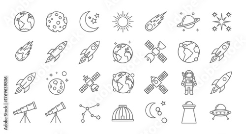 Space exploration icons, a variety of celestial objects and tools in simple outline style against a white background
