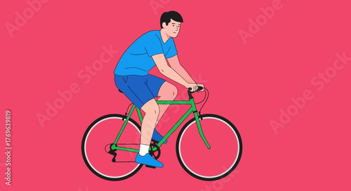 Vector illustration featuring a man riding a green bicycle with a vibrant pink background