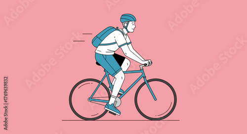 Illustration of a cyclist riding a bike with a backpack on a pink background minimalist style