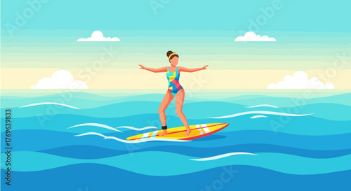 Surfing journey: A vibrant illustration of a woman enjoying the ocean waves under a pastel sky