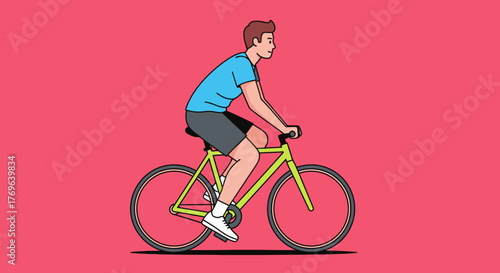 A cyclist riding a lime green bike with a vintage appeal against a vibrant pink backdrop creating