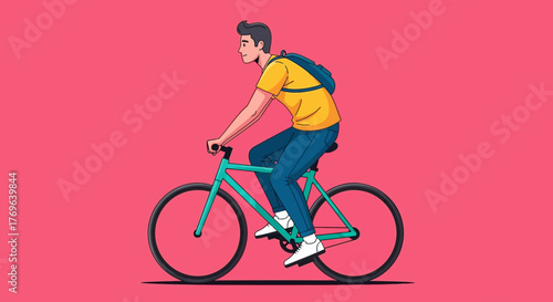 Illustration of a young man riding a bike, promoting sustainable urban transportation and healthy