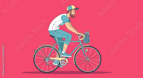 Stylish urban cyclist enjoying a leisurely ride against a vibrant coral backdrop illustration