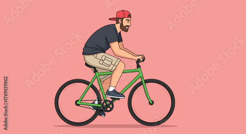 Man enjoying a leisurely bike ride with a vintage green bicycle illustration