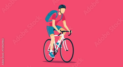 Anonymized cyclist delivers with backpack against vibrant cerise backdrop in vector format