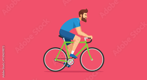 Cycling illustration of bearded man riding a bicycle for fitness and active lifestyle