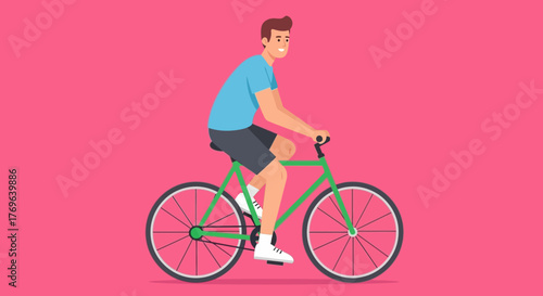Illustrative cyclist enjoying a leisurely ride on a green bicycle against a vibrant pink backdrop