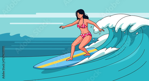 Illustration of a confident woman in a bikini skillfully surfing a large ocean wave on a sunny day