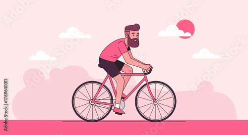 Bearded man riding a pink bicycle on a sunny day evokes health and happiness through outdoor