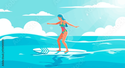 Surfer girl glides across ocean wave, enjoying summer day, embodying freedom and balance in