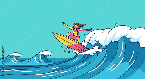 Cartoon depiction of a surfer girl riding a large wave in a vibrant ocean scene showing energy and
