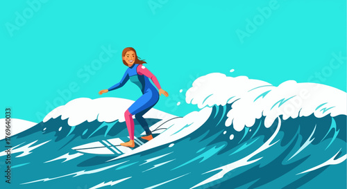 Cartoon surfer catching the wave, enjoying the ocean activity and summer water sports excitement