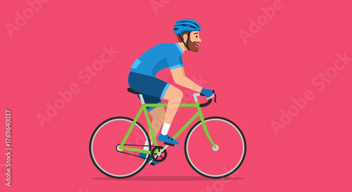 Cartoon man with beard and helmet riding a bicycle on a colorful background graphic illustration