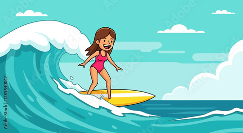 Cartoon illustration capturing a woman enjoying the thrill of surfing on a vibrant wave