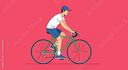 Stylized illustration featuring a cyclist riding a green bicycle against a vibrant backdrop