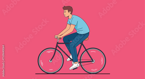 Isolated vector illustration of a young man riding a bicycle on a vibrant pink background