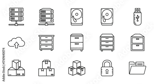 Collection of line icons for data storage and organization servers, drives, cloud, cabinets, boxes, lock, folder