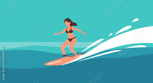 Coastal cartoon: woman gracefully surfs a summer wave with refreshing turquoise water background