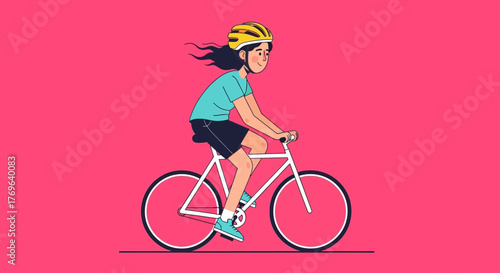 Young woman cycling with helmet and casual outfit on a bright pink background graphic art