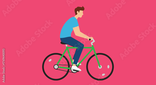 Simple illustration of a man riding a green bicycle against a pink background displaying a healthy