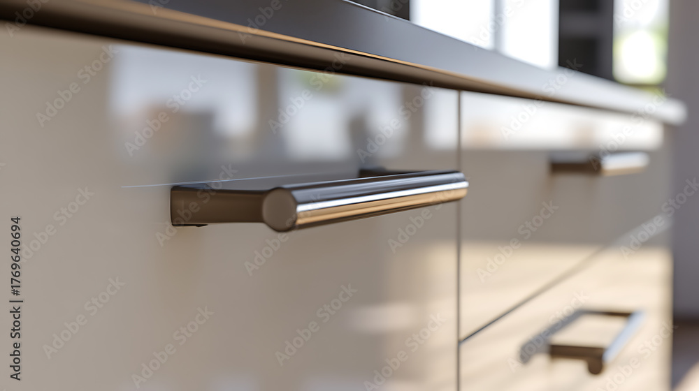 Fototapeta premium Sleek cabinetry featuring modern, cylindrical handles. The focus is on the details of the hardware and the smooth surface, with an emphasis on minimalist design.