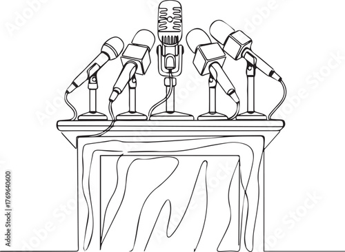 Line art podium with multiple microphones isolated on transparent background