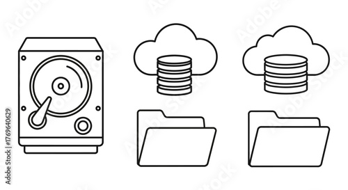 Line art icons of a hard drive, cloud storage with stacked disks, and two folder symbols