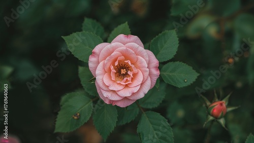 Close up of a beautiful pink rose from above with blurry green leaves background in garden. Nature flora beauty and eco concept with copy space as a template