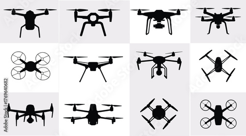 Modern drone silhouette collection, quadcopter technology icons, aerial photography equipment design set for flying devices, flat vector illustration
